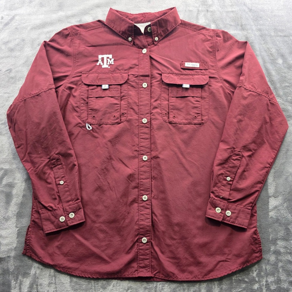 Columbia PFG Texas A&M Fishing Shirt M Maroon Mens Long Sleeve Nylon Button Down